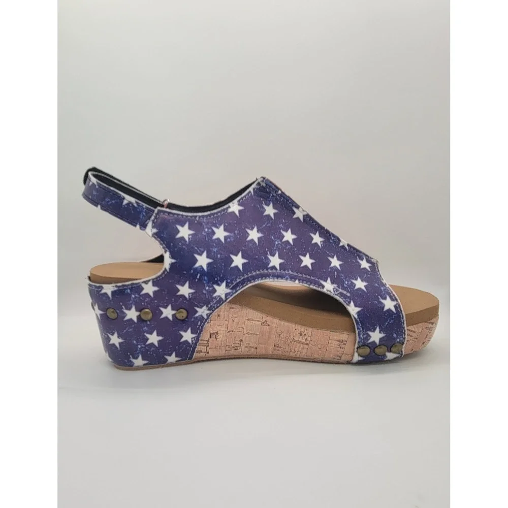 Women's American Flag Wedge Sandals EU 37 US 6 Patriotic Cork Platform Slingback